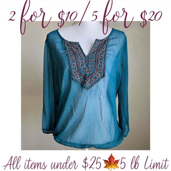 Lucky Brand Tops - Lucky Brand Sheer Bohemian Embroidered and Beaded Top M Teal